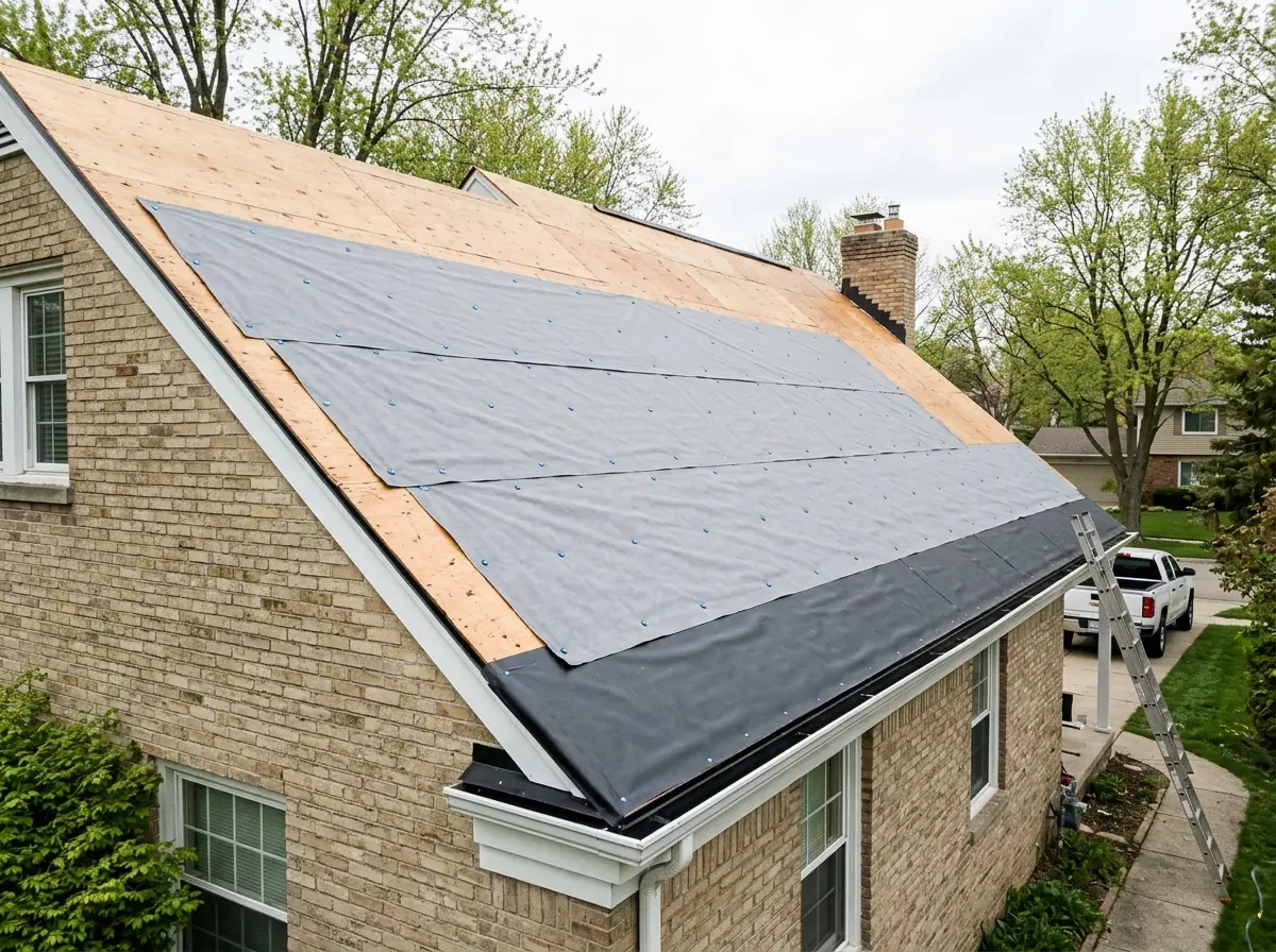 Gray synthetic roof underlayment fastened across the field of a roof deck above the membrane at the eaves
