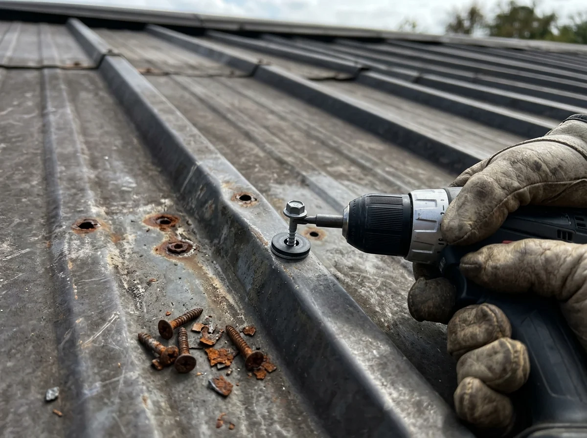Close-up of new screws with rubber washers replacing old rusted fasteners on a ribbed metal roof panel