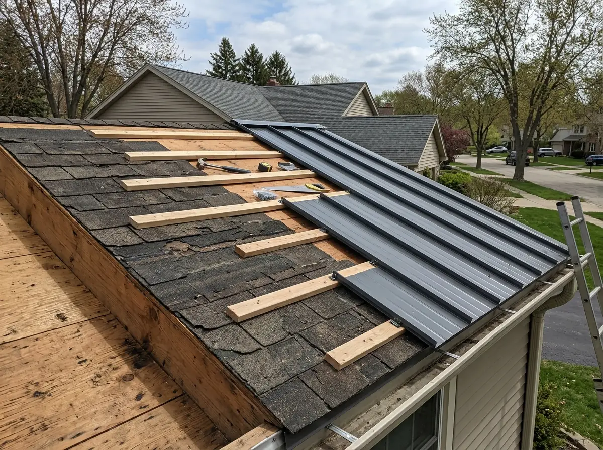 Cutaway of a roof showing wood furring strips fastened over old asphalt shingles with metal panels on top
