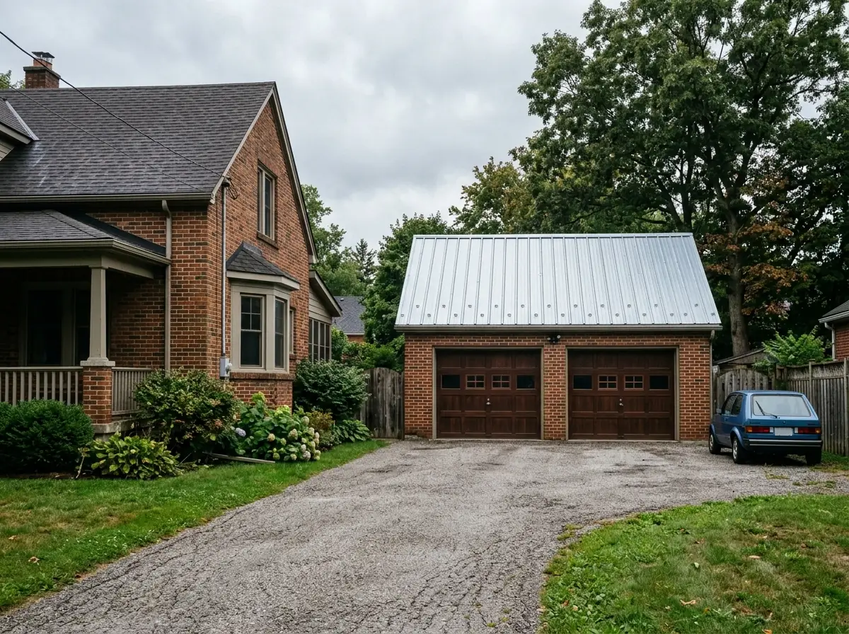 Detached garage with a ribbed galvalume metal panel roof and visible rows of screws