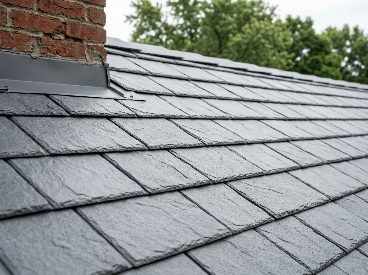 Close-up of steel metal shingles shaped to look like gray slate on a residential roof