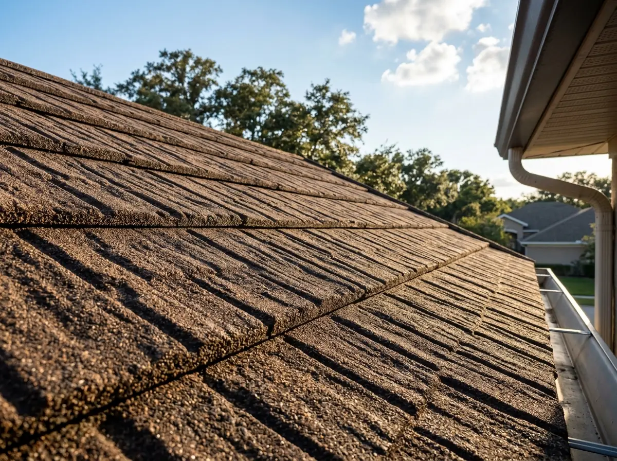 Stone-coated steel roof panels with a textured shake profile in a brown granule finish