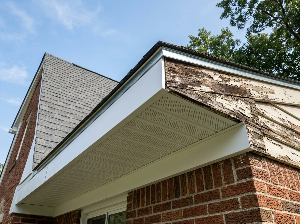 New white vented aluminum soffit and fascia under a brick house eave, next to a section of old peeling wood fascia