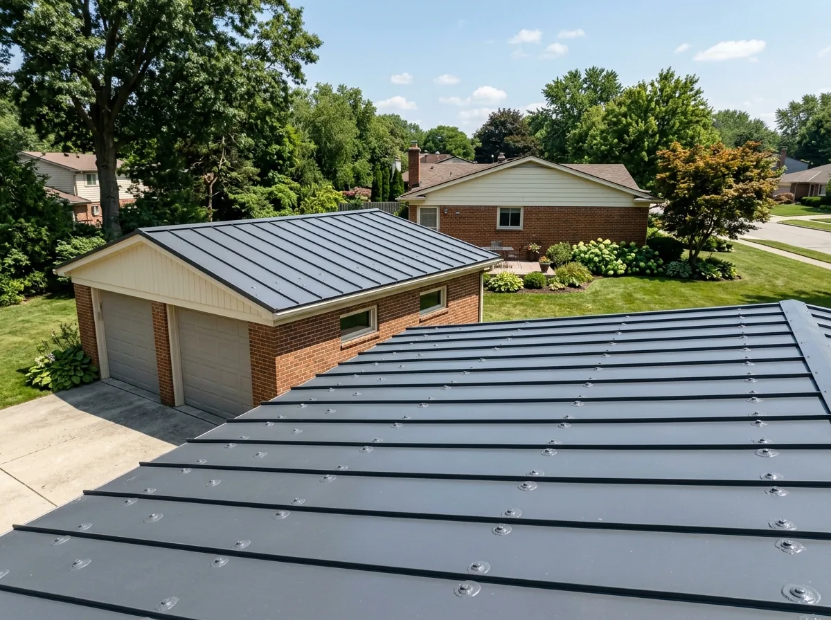 Coated metal panel roof on a garage, with each fastener head sealed under a dab of coating