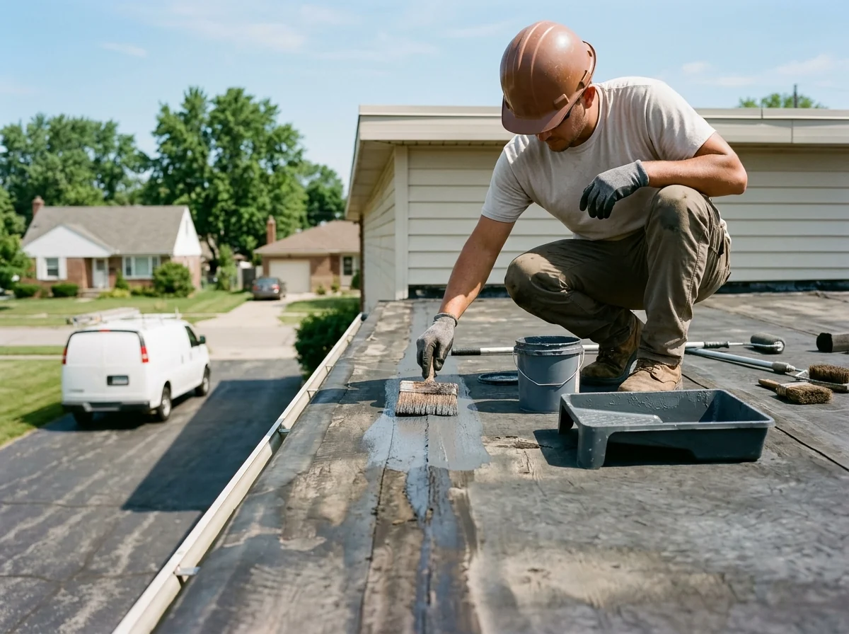 Roofer brushing primer onto a weathered black EPDM roof seam before coating