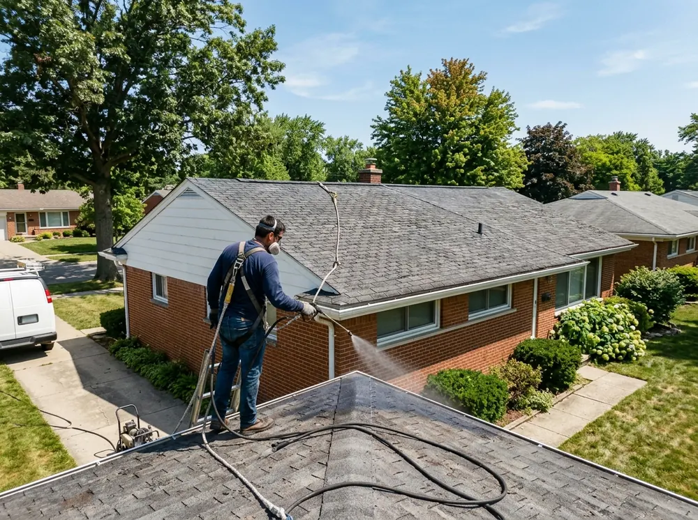 Spray treatment being applied to an aging asphalt shingle roof on a ranch house
