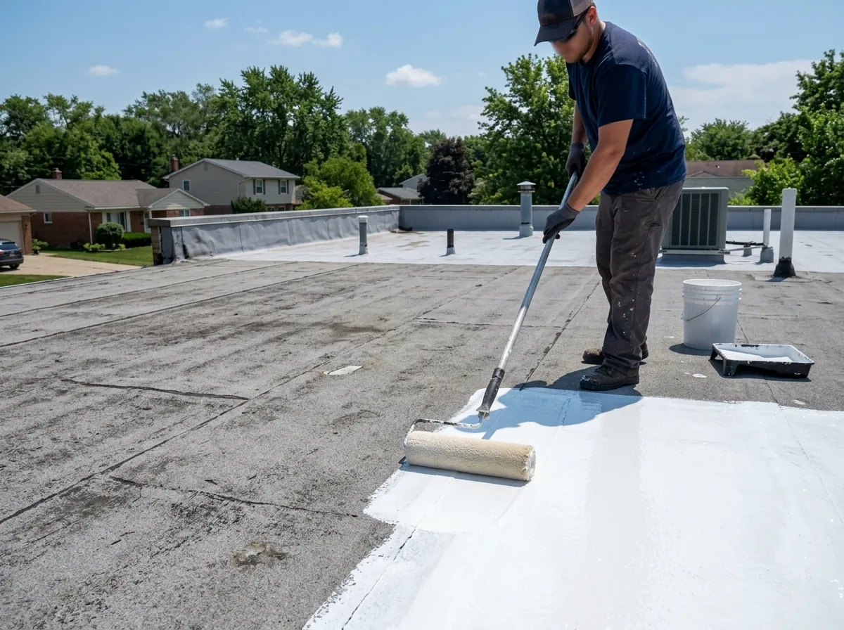 Roller spreading bright white silicone coating across a low-slope roof, with a coated section shining beside the gray old membrane