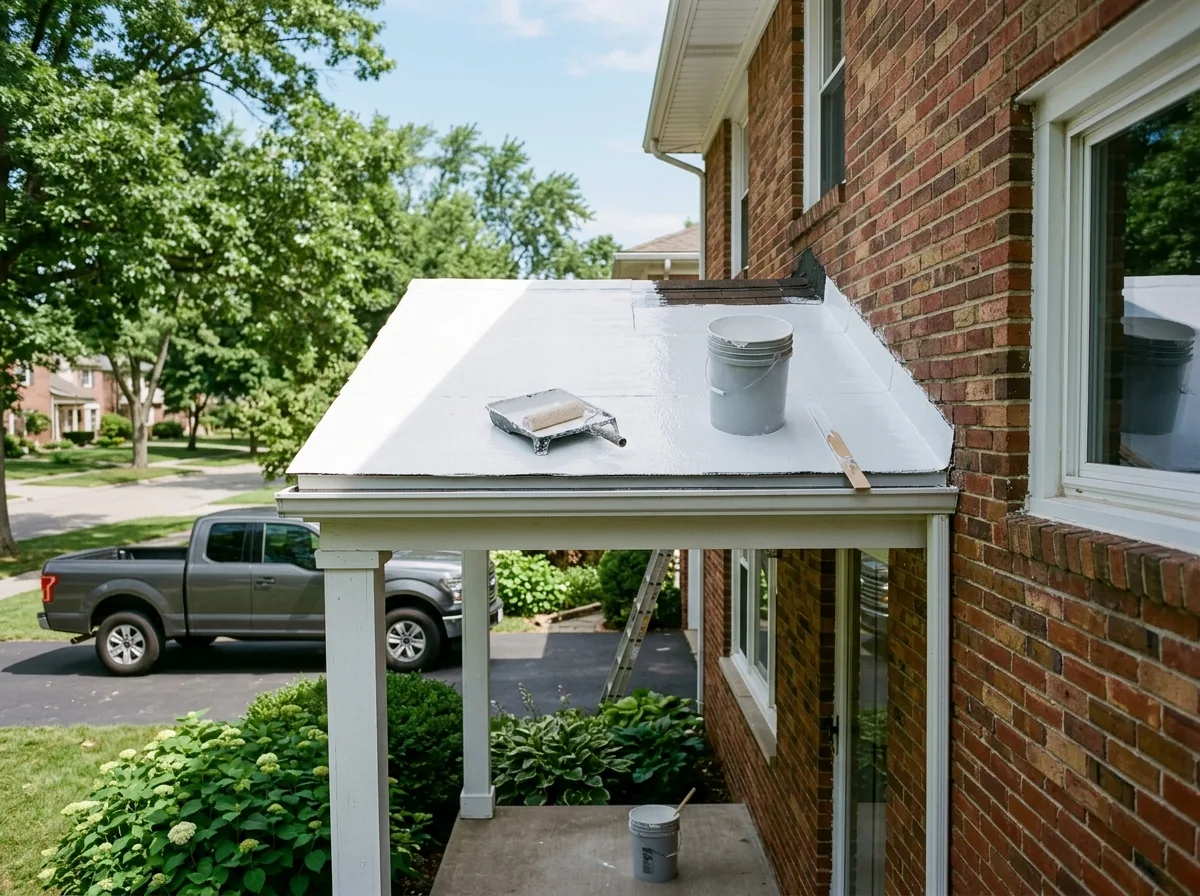 White acrylic elastomeric coating freshly rolled onto a small porch roof on a brick house