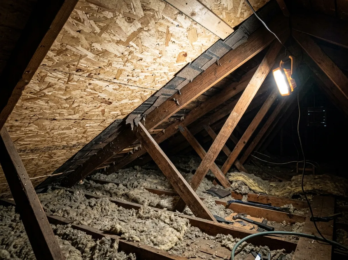 Fresh OSB sheathing nailed over rafters on a roof mid tear-off, beside sections of old shingles