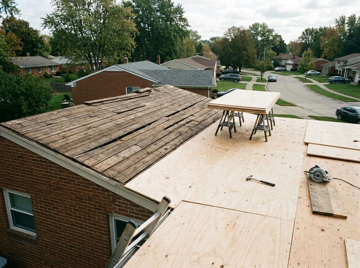 Old gapped plank roof deck being covered with new plywood sheets during a tear-off