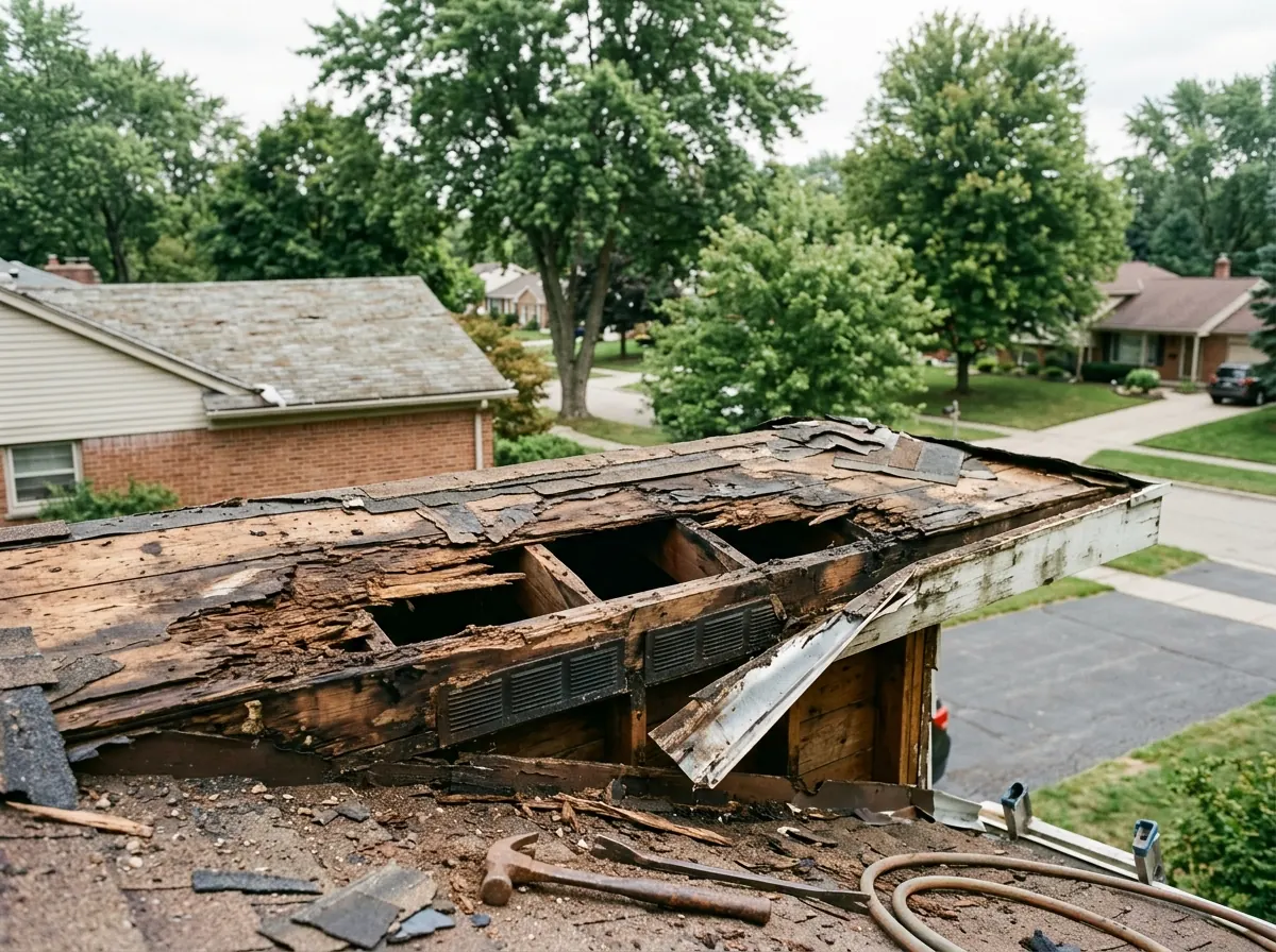 Rotted dark roof decking at the eave of a house exposed during a tear-off