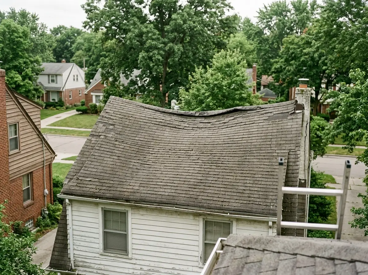 Sagging ridge line on an older house roof seen from the street
