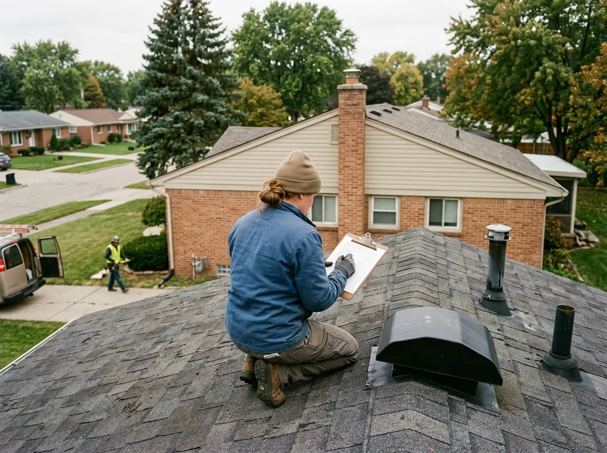 Roofer with a clipboard checklist kneeling on an asphalt shingle roof near a vent