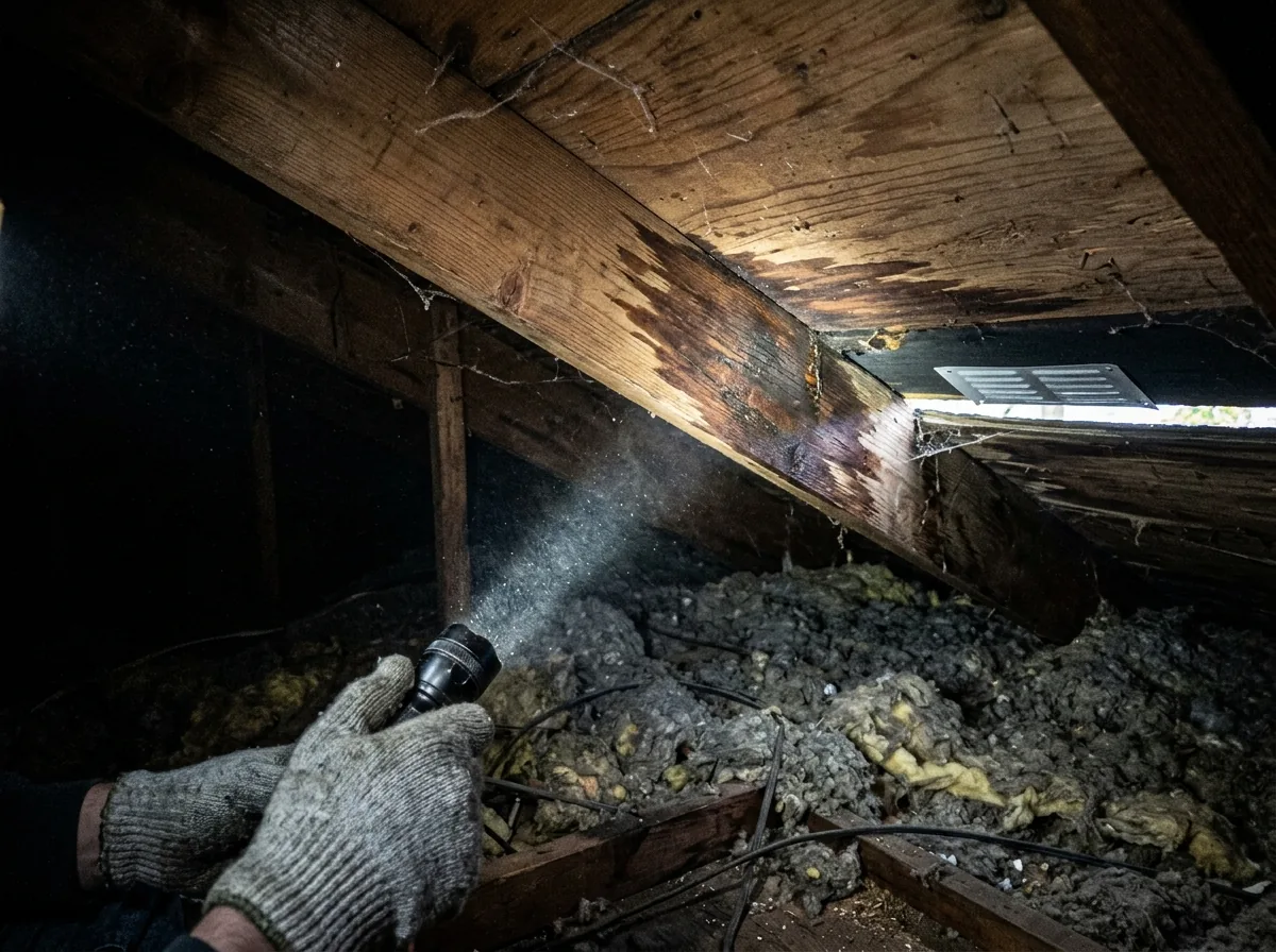 Gloved hand shining a flashlight on stained attic roof decking beside a rafter, above loose insulation