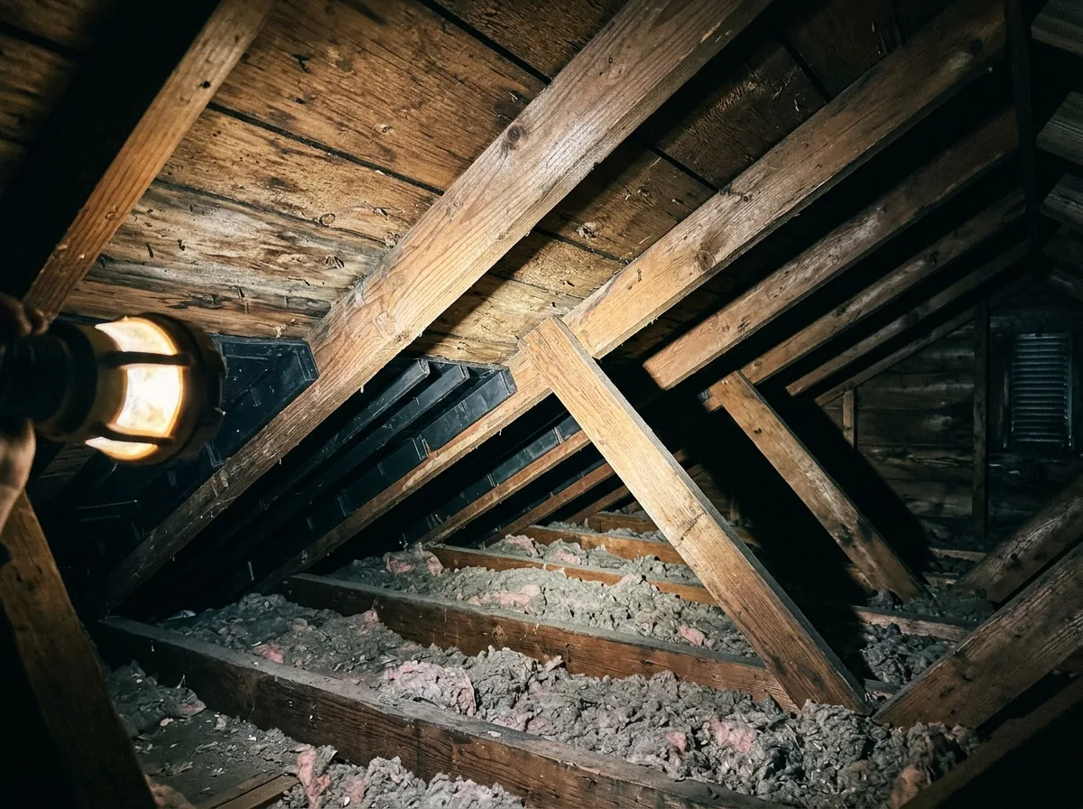 Flashlight shining on attic rafters, roof sheathing and insulation baffles at the eaves