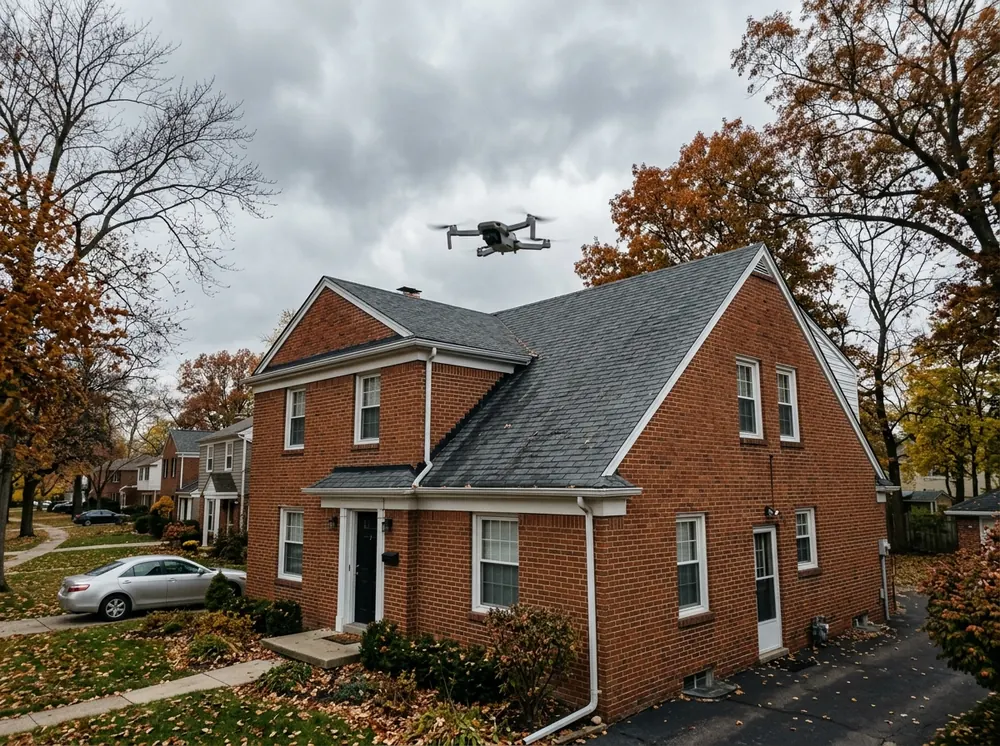 Small drone hovering above a two-story house roof photographing the shingles