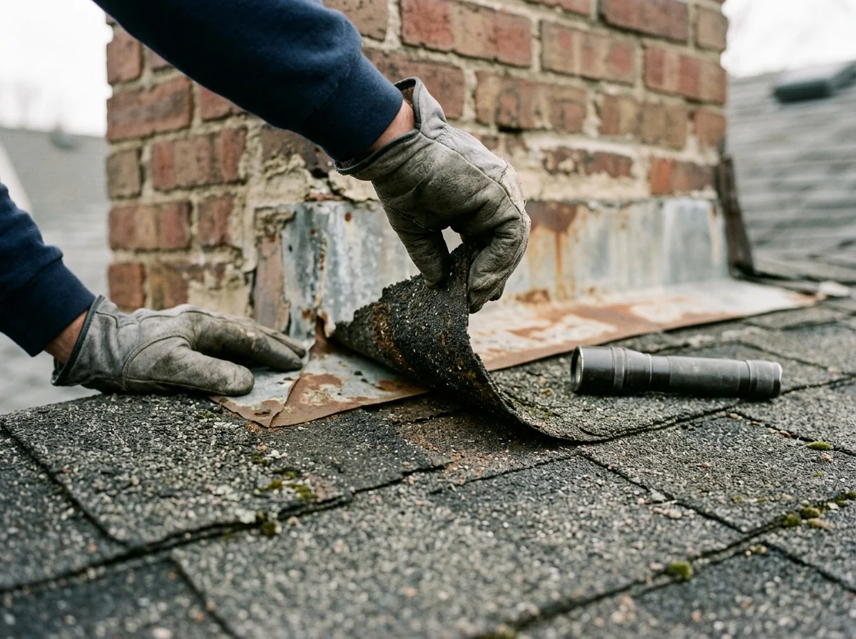 Gloved hands lifting a weathered asphalt shingle beside a brick chimney to check the step flashing underneath