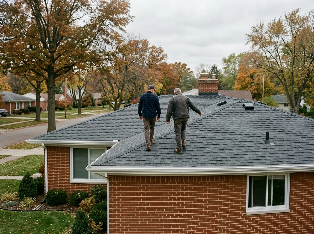 Homeowner and roofer walking around a newly shingled roof during a final inspection