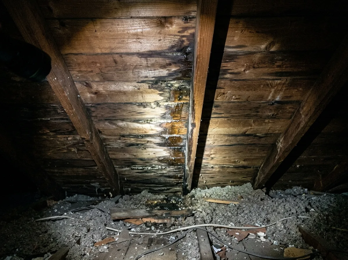 Flashlight beam on a wet dark streak running down attic roof decking toward a rafter
