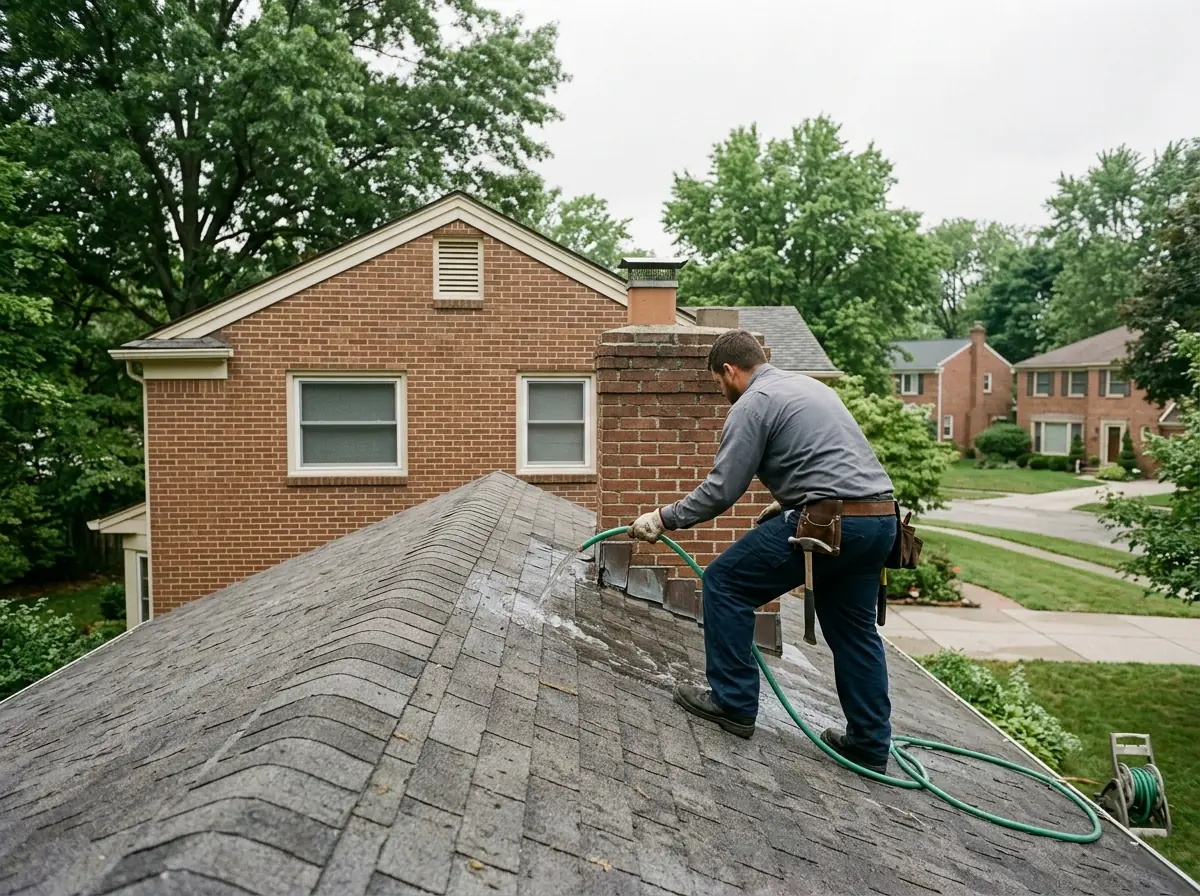 Roofer on a shingle roof running a garden hose over one section while checking for water entry