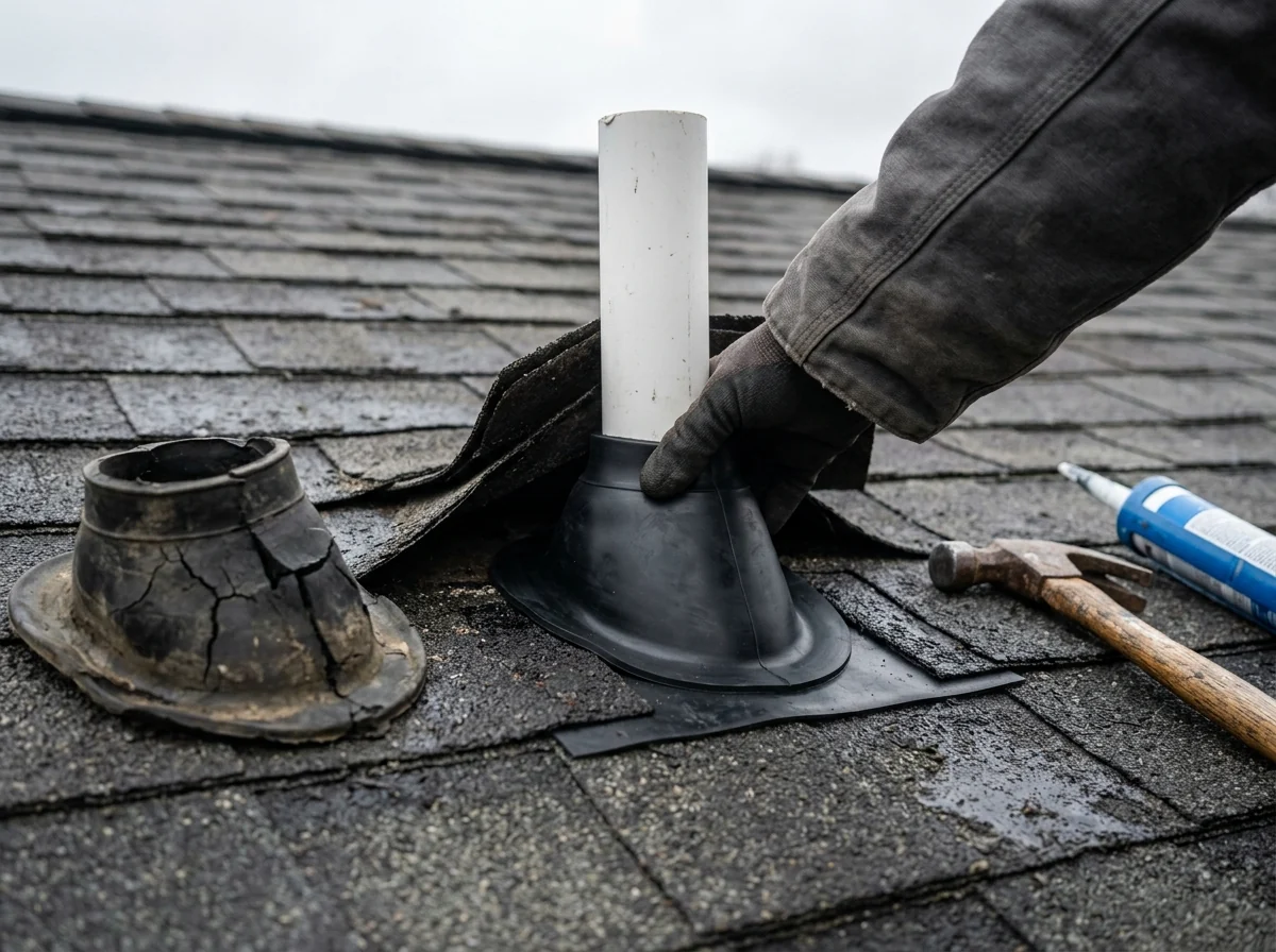 Roofer replacing a cracked rubber pipe boot on an asphalt shingle roof