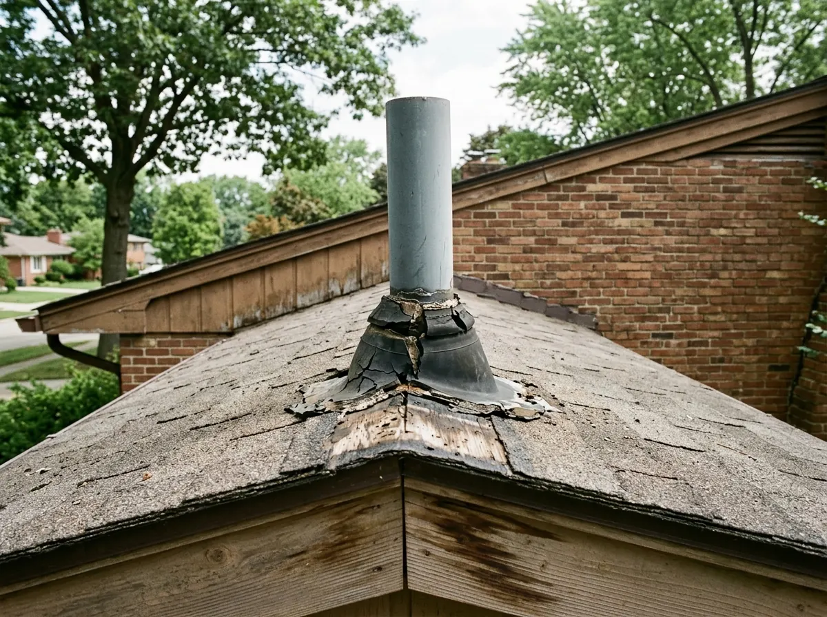 Plumbing vent pipe through asphalt shingles with a cracked rubber boot and a water-stained deck below