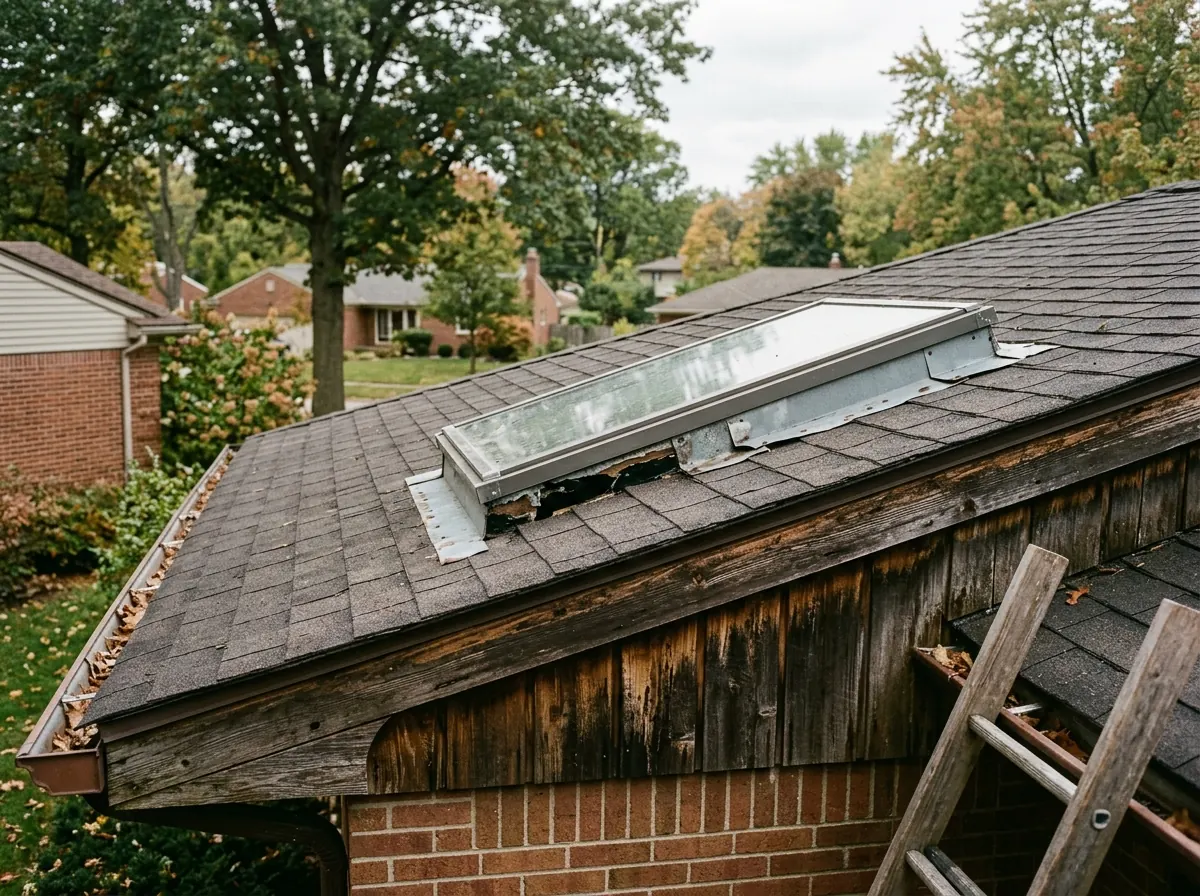 Skylight on a shingle roof with gaps in the step flashing along the curb and stained wood below