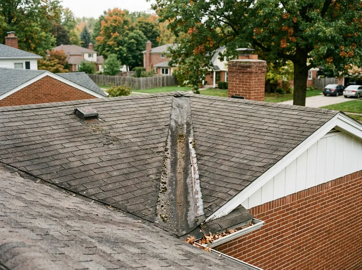 Roof valley where two slopes meet, with a dark water track and worn shingles along the center