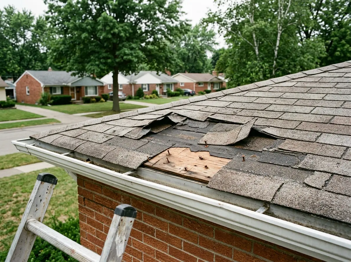 Asphalt shingle tabs lifted and creased by wind, exposing nail heads and underlayment