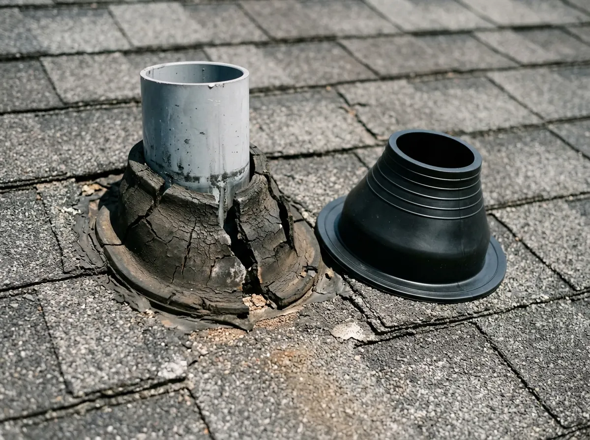 Cracked old rubber pipe boot on a plumbing vent next to a new replacement boot on an asphalt shingle roof