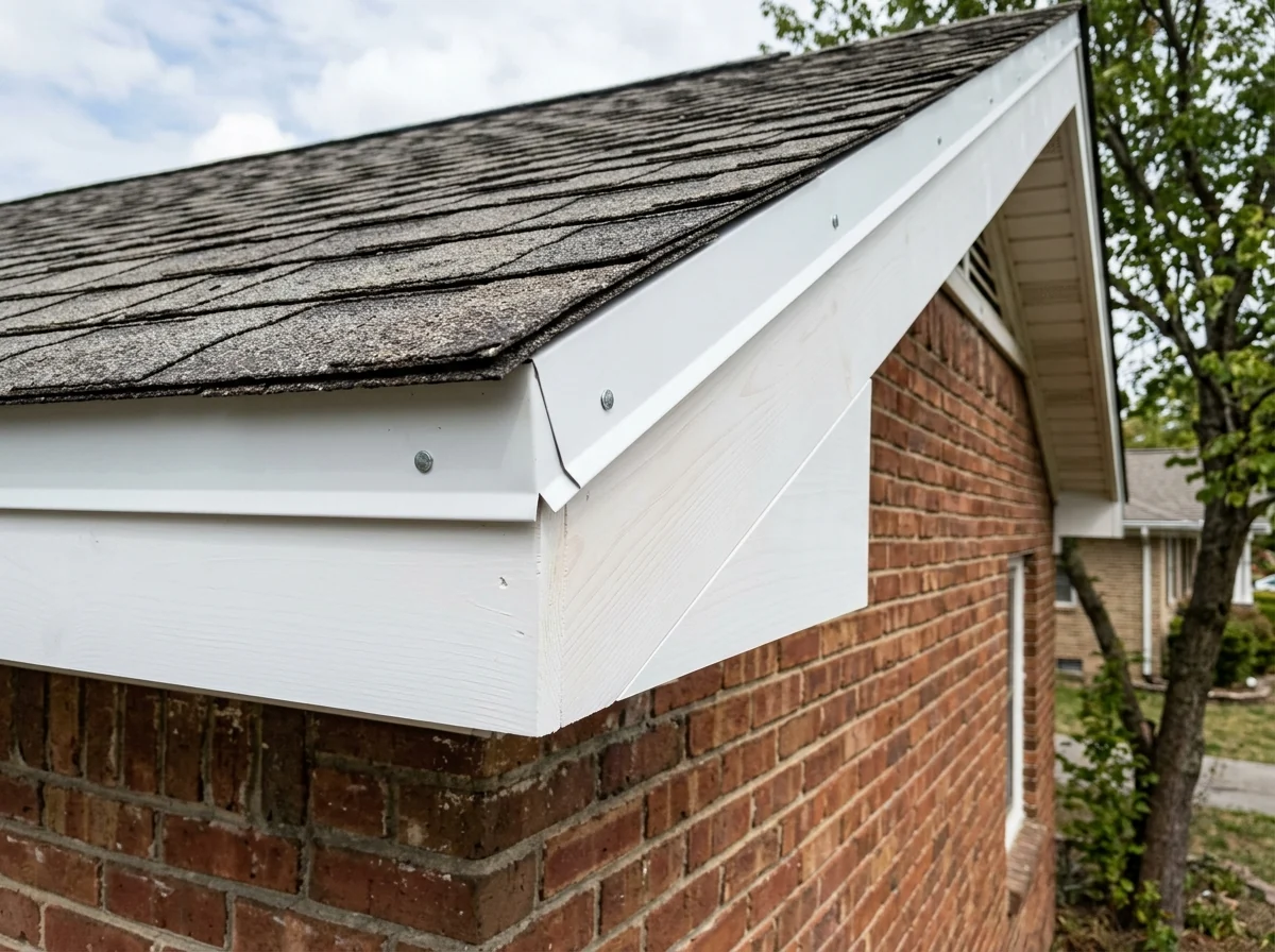 New white metal drip edge installed along a roof eave above a section of replaced wood fascia