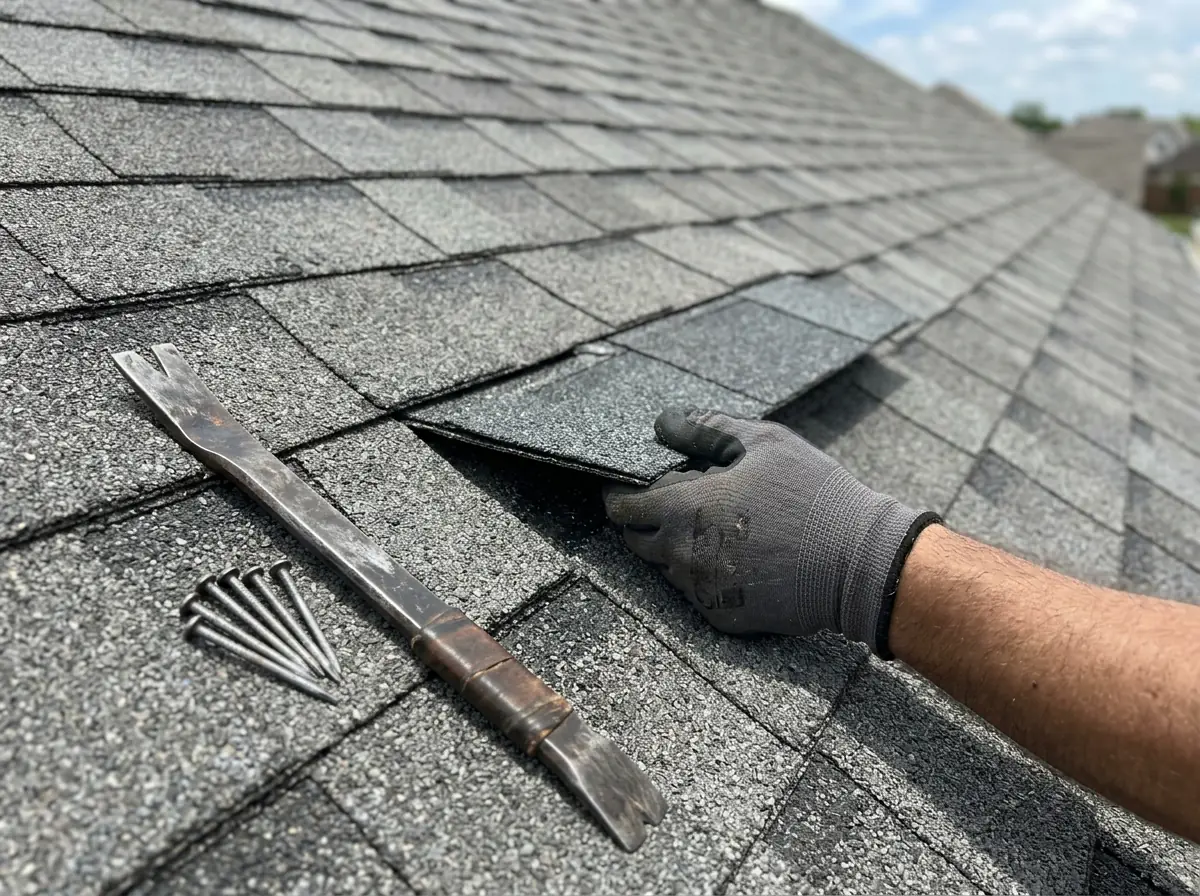 Gloved hand sliding a new architectural shingle into a gap on an asphalt shingle roof, with a pry bar and roofing nails beside it