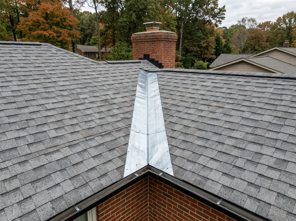 Open roof valley lined with new metal flashing between two slopes of gray asphalt shingles