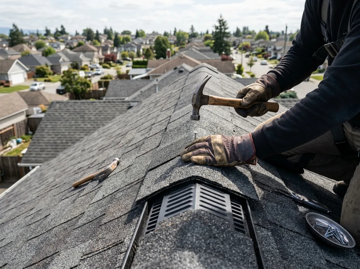 Roofer's hands re-nailing loose ridge cap shingles along the peak of an asphalt shingle roof