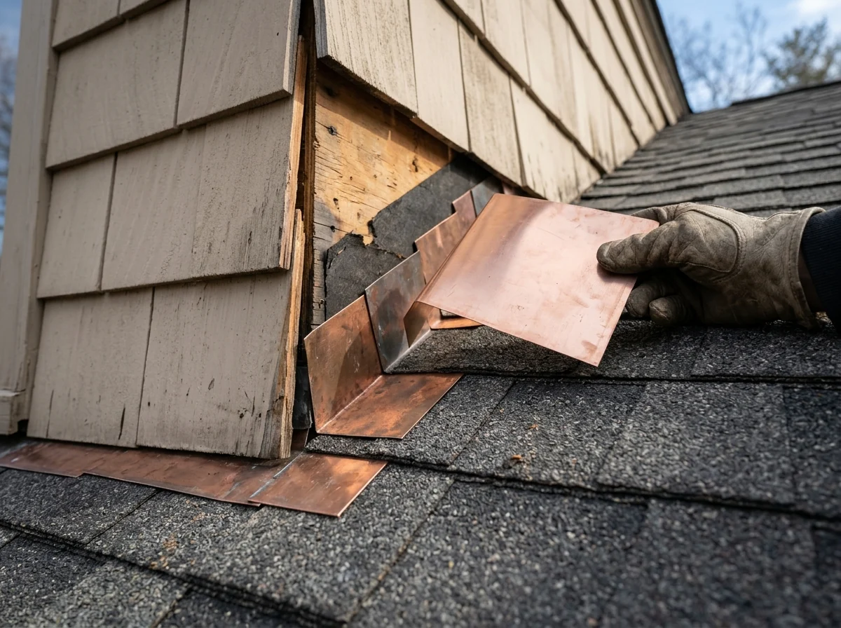 New bent metal step flashing pieces woven between shingle courses where a roof meets a dormer wall