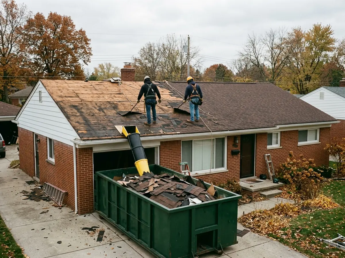 Roofers stripping old brown asphalt shingles from a brick ranch house down to the wood deck, with a debris chute into a dumpster on the driveway
