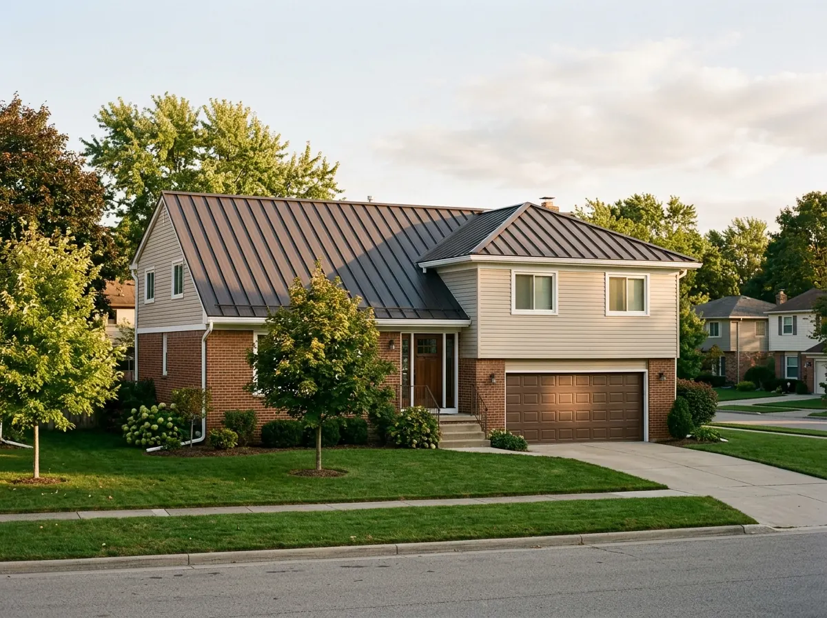 Split-level house with a new dark bronze standing seam metal roof and white gutters