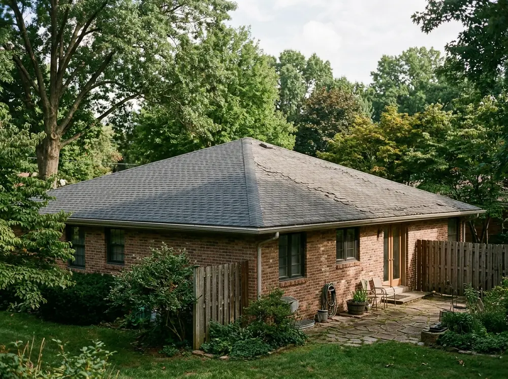 Rear slope of a house re-roofed with new gray shingles meeting older, faded shingles at the ridge line