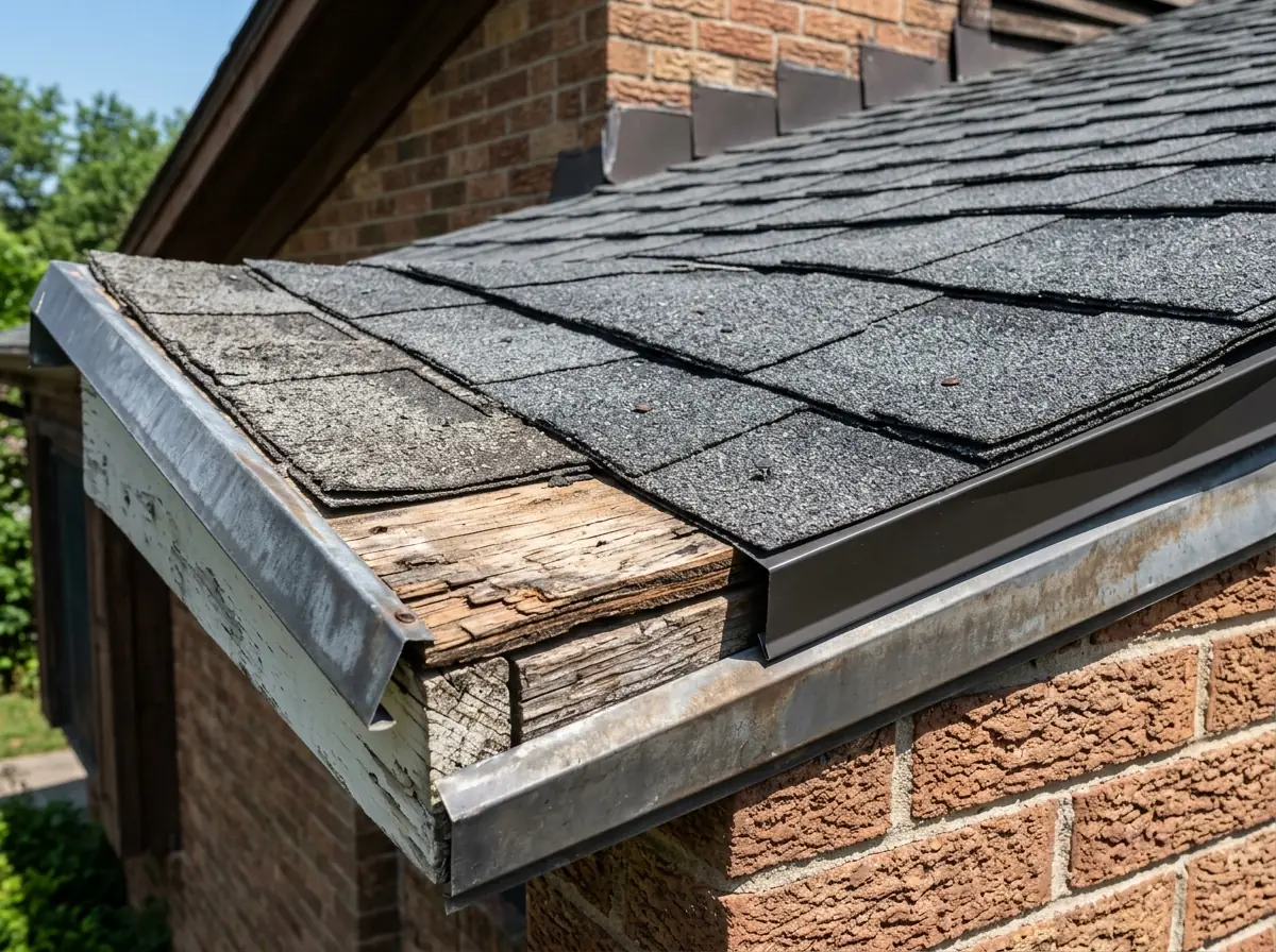 Cutaway of a roof edge showing a new layer of architectural shingles nailed over one older layer of flat shingles on the deck
