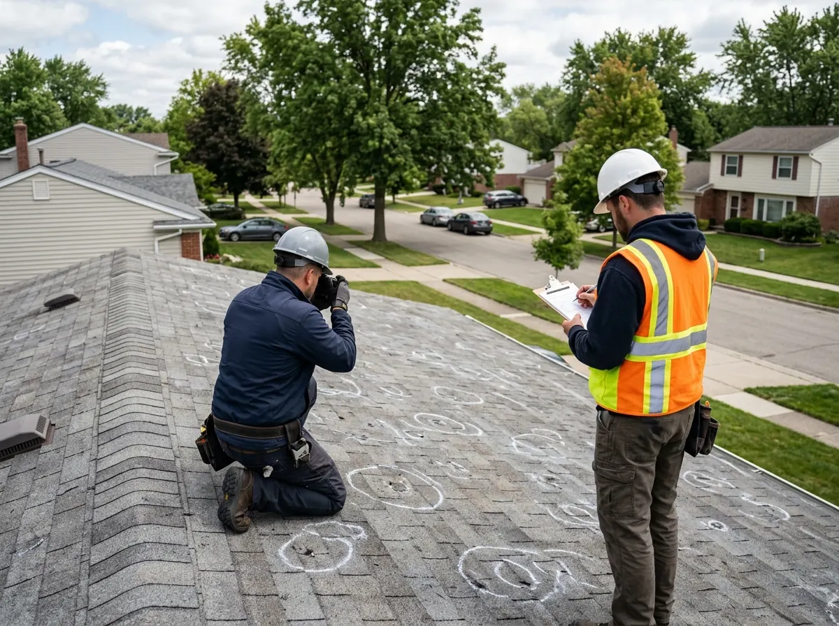 Roofer and an insurance adjuster in a hard hat standing on a hail-damaged shingle roof, one holding a clipboard
