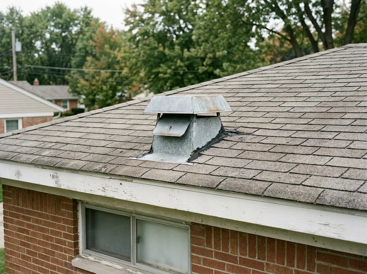 Metal exhaust roof cap with a damper flap, flashed into asphalt shingles above a bathroom