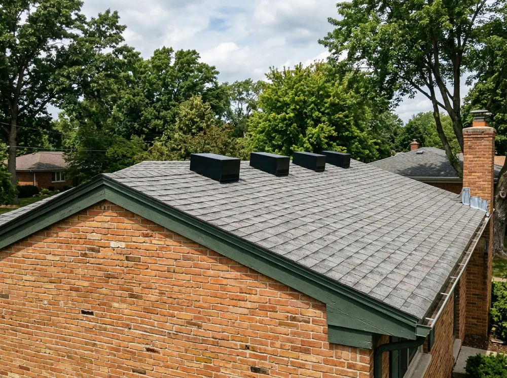 Row of square black box vents near the ridge of a gray shingle hip roof
