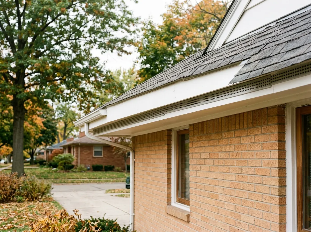 Continuous strip vent running the length of a white soffit under an asphalt shingle roof