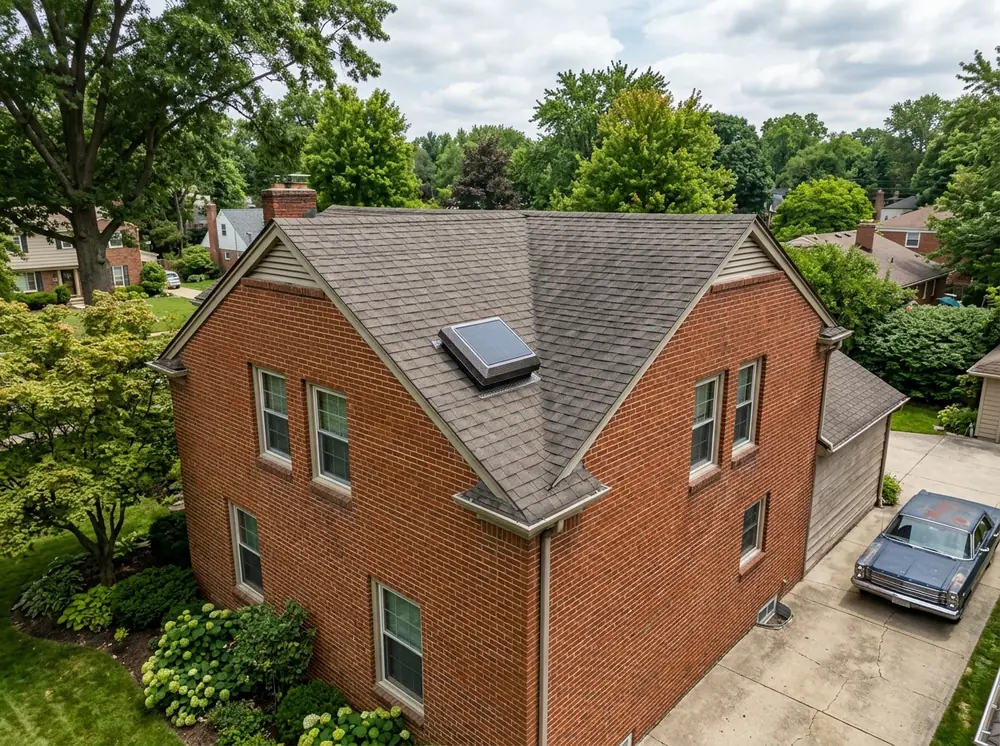 Low-profile solar-powered attic fan mounted on a shingle roof slope