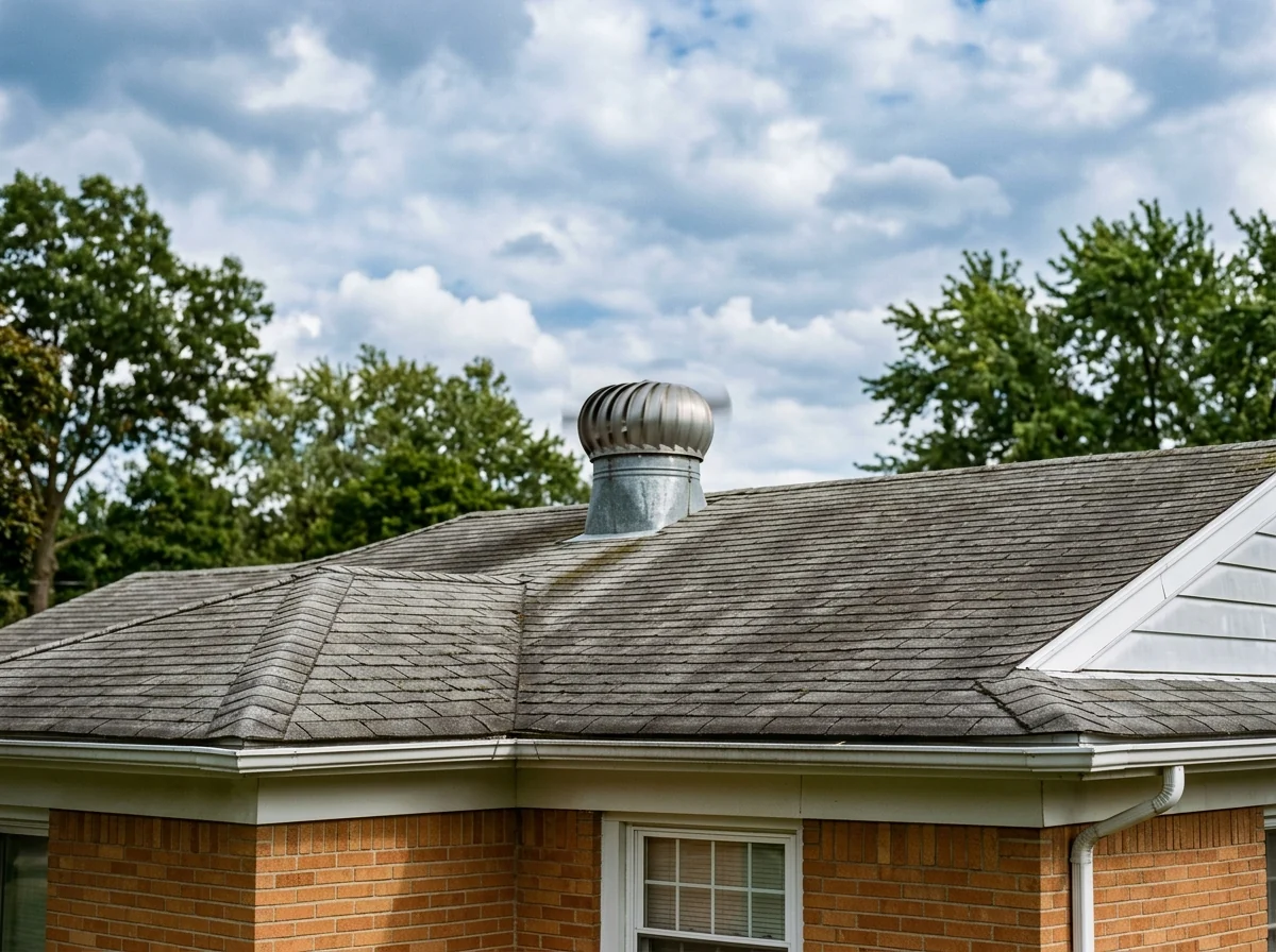 Spinning metal turbine vent on a shingle roof against a cloudy sky