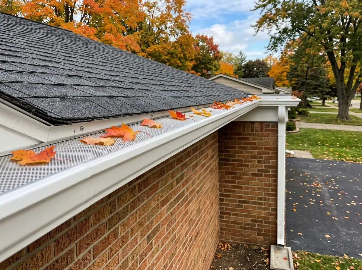 White seamless aluminum gutter with a micro-mesh gutter guard and fallen autumn leaves on a brick house