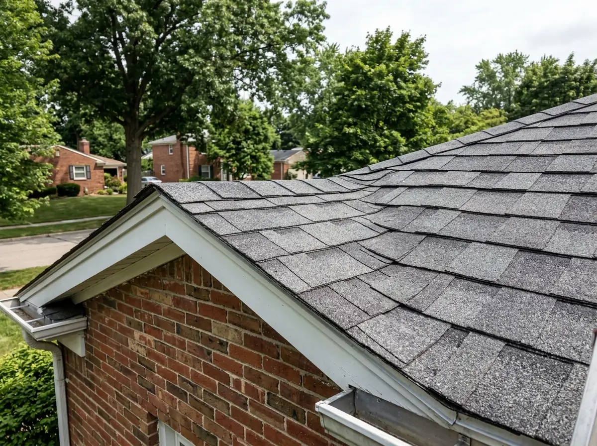 Close-up of charcoal architectural asphalt shingles with layered tabs and shadow lines on a brick ranch roof