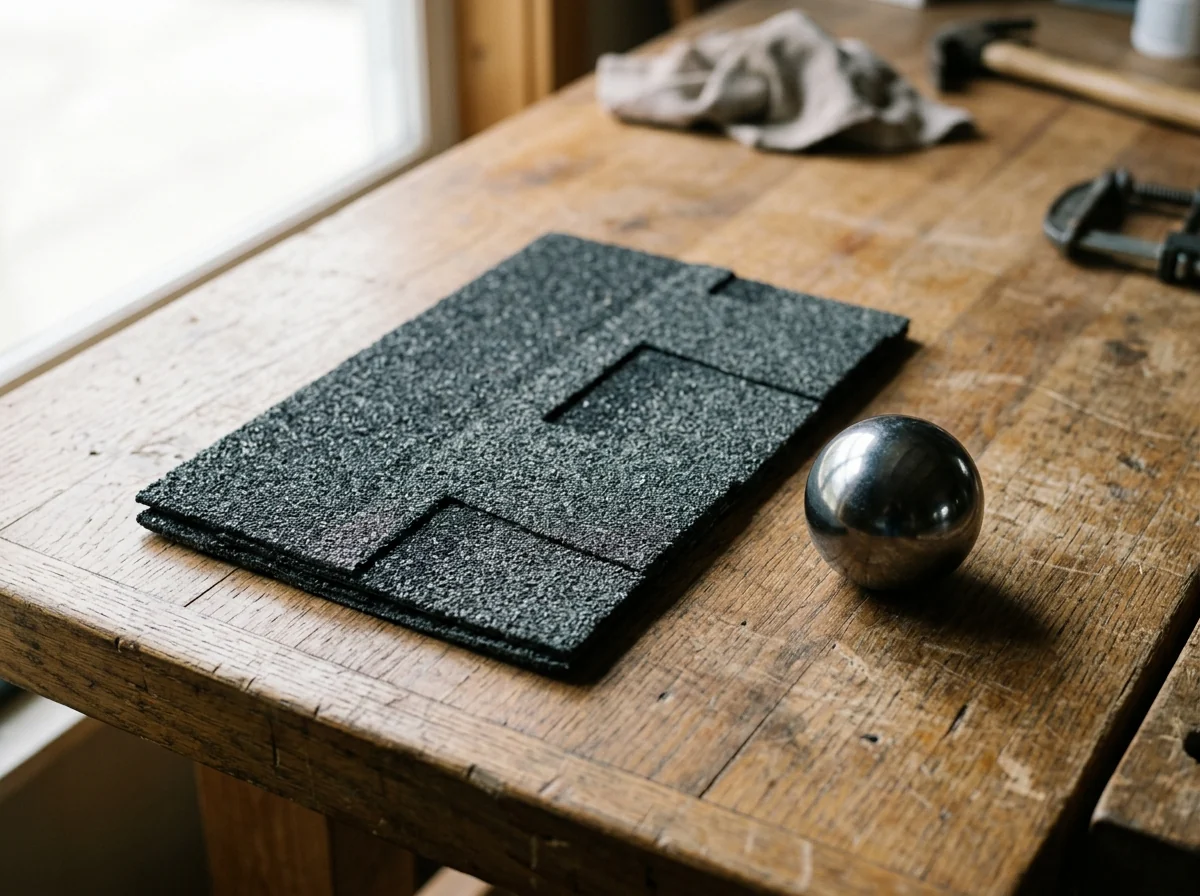 Impact-rated architectural shingle sample next to a two-inch steel ball on a workbench