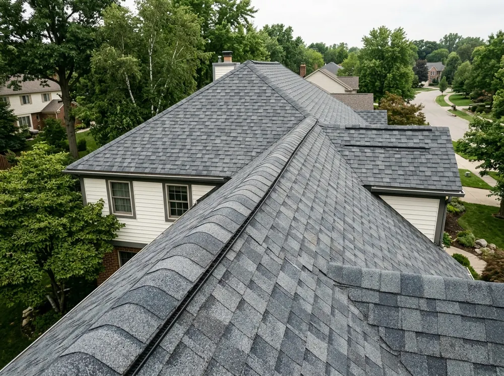 Asphalt designer shingles cut in a gray slate pattern on a steep colonial roof