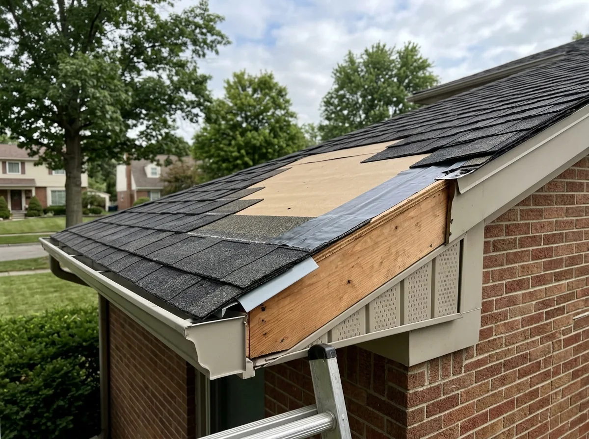 Cutaway of an eave showing drip edge, ice barrier membrane, synthetic underlayment, starter strip and shingles